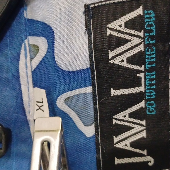 90's vtg Java Lava XL(T) Go w/the Flow Coll Blue Abstract Design Rayon Aloha Sht - Picture 7 of 9